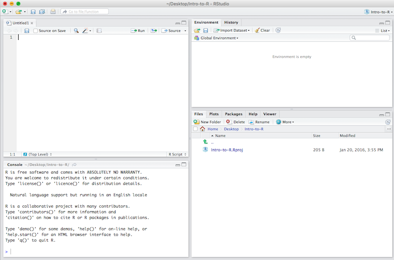 The RStudio window divided into four panes: an empty script at top left, the Console showing the R startup message at bottom left, an empty Environment pane at top right, and the Files pane at bottom right.